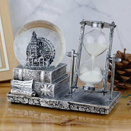 Paris Eyfel Temalı Işıklı Retro Kar Küresi & Kum Saati Dekoratif Masaüstü Biblo Ev Ofis Hediyelik