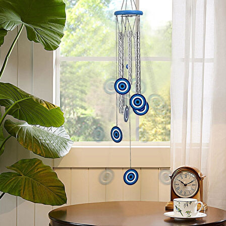 Feng Shui Nazar Boncuğu Rüzgar Çanı Metal Kötü Göze Karşı Dış Mekan Dekoratif Bahçe Kapı Süsü 60 cm.