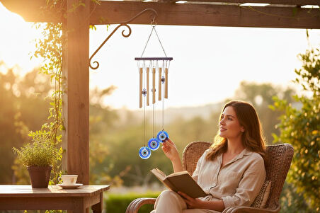 Feng Shui Nazar Boncuğu Rüzgar Çanı Metal Kötü Göze Karşı Dış Mekan Dekoratif Bahçe Kapı Süsü 52 cm.