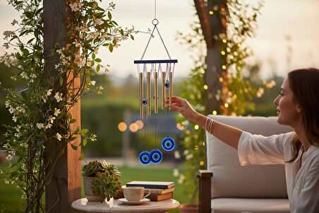 Feng Shui Nazar Boncuğu Rüzgar Çanı Metal Kötü Göze Karşı Dış Mekan Dekoratif Bahçe Kapı Süsü 52 cm.