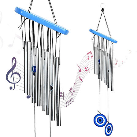 Feng Shui Nazar Boncuğu Rüzgar Çanı Metal Kötü Göze Karşı Dış Mekan Dekoratif Bahçe Kapı Süsü 52 cm.