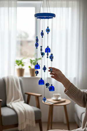 Feng Shui Nazar Boncuğu Rüzgar Çanı Metal Kötü Göze Karşı Dış Mekan Dekoratif Bahçe Kapı Süsü 80 cm.