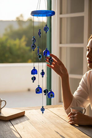 Feng Shui Nazar Boncuğu Rüzgar Çanı Metal Kötü Göze Karşı Dış Mekan Dekoratif Bahçe Kapı Süsü 80 cm.