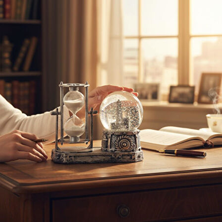 Paris Eyfel Temalı Işıklı Retro Kar Küresi & Kum Saati Dekoratif Masaüstü Biblo Ev Ofis Hediyelik