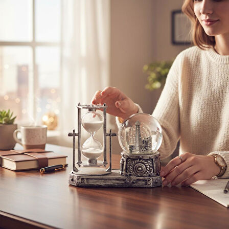 Paris Eyfel Temalı Işıklı Retro Kar Küresi & Kum Saati Dekoratif Masaüstü Biblo Ev Ofis Hediyelik