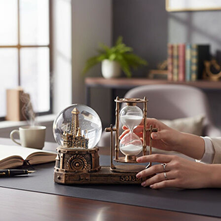 Paris Eyfel Temalı Işıklı Retro Kar Küresi & Kum Saati Dekoratif Masaüstü Biblo Ev Ofis Hediyelik