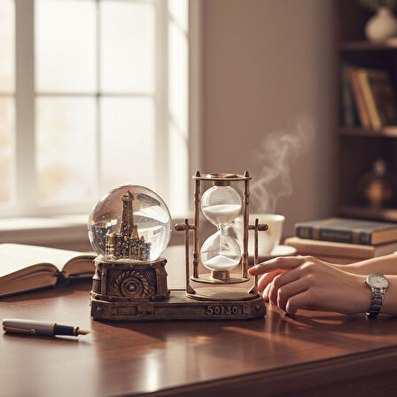 Paris Eyfel Temalı Işıklı Retro Kar Küresi & Kum Saati Dekoratif Masaüstü Biblo Ev Ofis Hediyelik