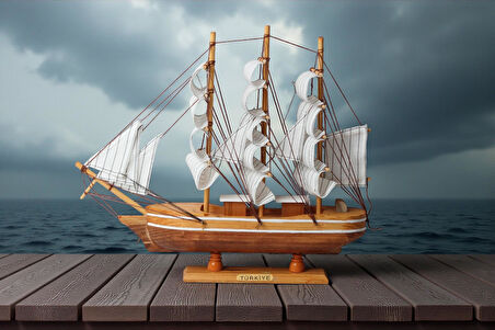 Dekoratif Ahşap El Yapımı Yelkenli Gemi Maketi Masaüstü Biblo Ev Ofis Hediyesi 40 cm. Model B