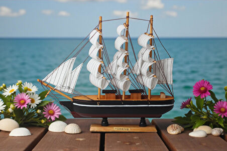 Dekoratif Ahşap El Yapımı Yelkenli Gemi Maketi Masaüstü Biblo Ev Ofis Hediyesi 40 cm. Model E