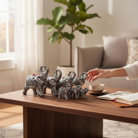 Lüks Motif İşlemeli Feng Shui 7’li Şans Bereket Fil Heykeli Biblo Seti Ev Ofis Yeni Yıl Hediyesi 7