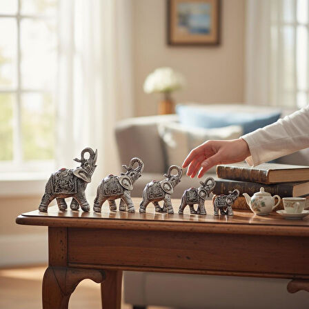 Lüks Motif İşlemeli Feng Shui 7’li Şans Bereket Fil Heykeli Biblo Seti Ev Ofis Yeni Yıl Hediyesi 7