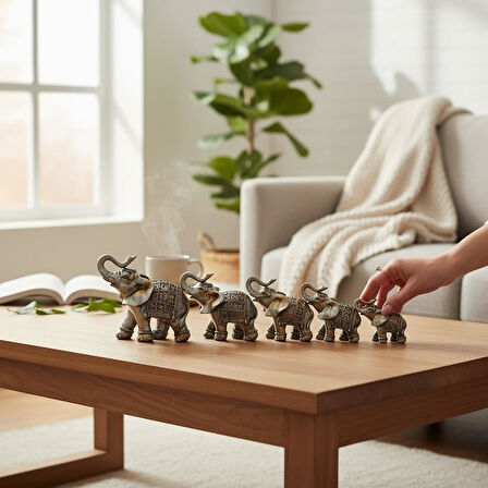 Lüks Motif İşlemeli Feng Shui 7’li Şans Bereket Fil Heykeli Biblo Seti Ev Ofis Yeni Yıl Hediyesi 8