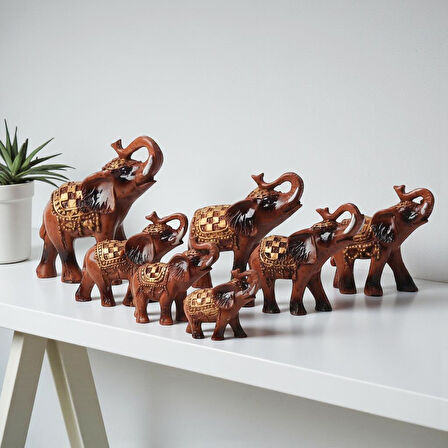 Lüks Motif İşlemeli Feng Shui 7’li Şans Bereket Fil Heykeli Biblo Seti Ev Ofis Yeni Yıl Hediyesi 8