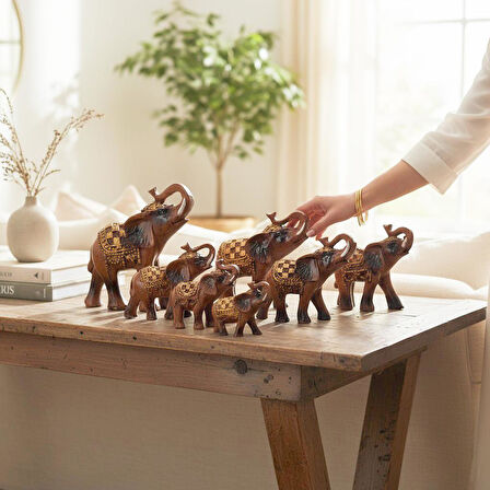 Lüks Motif İşlemeli Feng Shui 7’li Şans Bereket Fil Heykeli Biblo Seti Ev Ofis Yeni Yıl Hediyesi 8