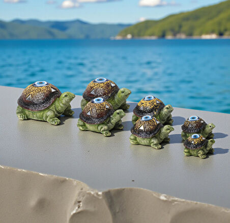 Feng Shui Nazar Boncuğu Motifli 7’li Caretta Caretta Heykel Biblo Dekoratif Ürün Konsol Vitrin Süsü