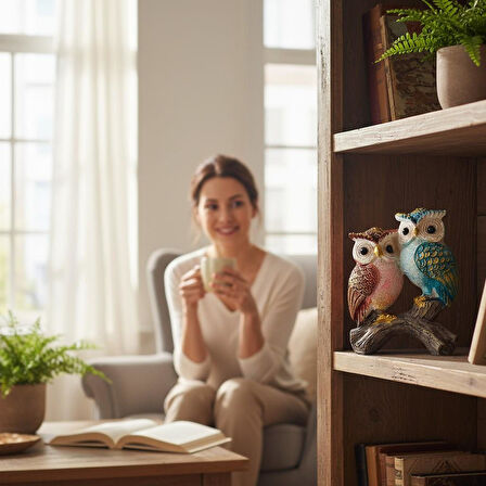 Lüks İşlemeli Canlı Renkli Dal Üzerinde İkili Baykuş Çift Heykeli Dekoratif Biblo Ev & Ofis Hediyesi