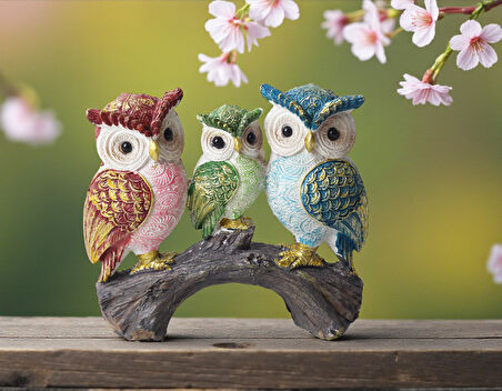 Lüks İşlemeli Canlı Renkli Dal Üzerinde 3'lü Baykuş Aile Heykeli Dekoratif Biblo Ev & Ofis Hediyesi