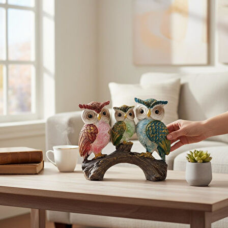 Lüks İşlemeli Canlı Renkli Dal Üzerinde 3'lü Baykuş Aile Heykeli Dekoratif Biblo Ev & Ofis Hediyesi