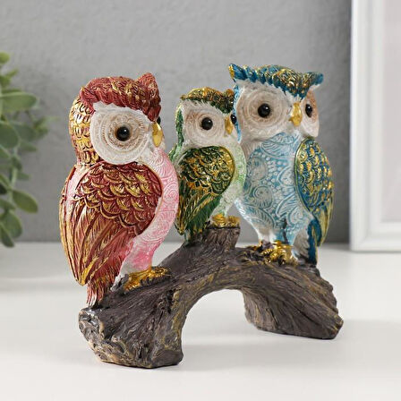 Lüks İşlemeli Canlı Renkli Dal Üzerinde 3'lü Baykuş Aile Heykeli Dekoratif Biblo Ev & Ofis Hediyesi