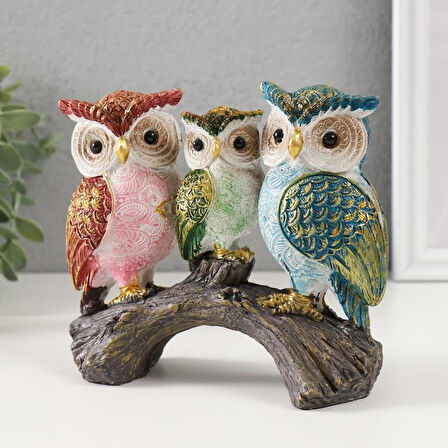 Lüks İşlemeli Canlı Renkli Dal Üzerinde 3'lü Baykuş Aile Heykeli Dekoratif Biblo Ev & Ofis Hediyesi