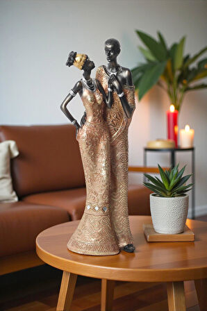 Lüks İşlemeli Geleneksel Yerel Kıyafetli Afrikalı Çift Heykeli Dekoratif Biblo Ev Ofis Hediyesi Mdl1