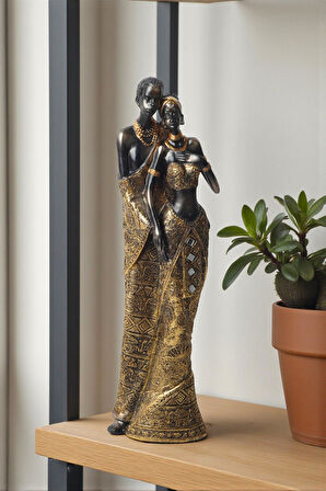 Lüks İşlemeli Geleneksel Yerel Kıyafetli Afrikalı Çift Heykeli Dekoratif Biblo Ev Ofis Hediyesi Mdl2