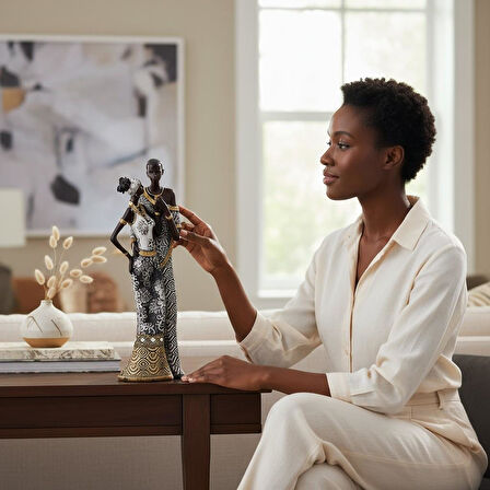 Lüks İşlemeli Geleneksel Yerel Kıyafetli Afrikalı Çift Heykeli Dekoratif Biblo Ev Ofis Hediyesi Mdl3