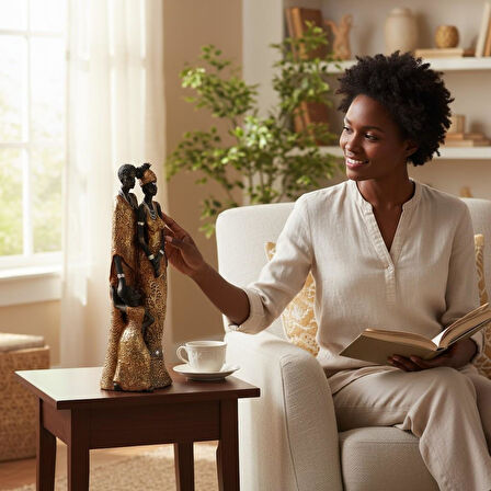 Lüks İşlemeli Geleneksel Yerel Kıyafetli Afrikalı Aile Heykeli Dekoratif Biblo Ev Ofis Hediyesi Mdl2