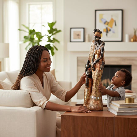 Lüks İşlemeli Geleneksel Yerel Kıyafetli Afrikalı Aile Heykeli Dekoratif Biblo Ev Ofis Hediyesi Mdl2