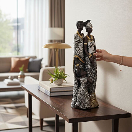 Lüks İşlemeli Geleneksel Yerel Kıyafetli Afrikalı Aile Heykeli Dekoratif Biblo Ev Ofis Hediyesi Mdl3