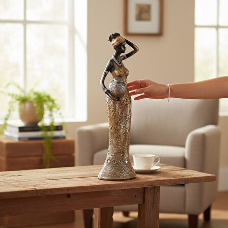 Lüks İşlemeli Geleneksel Yerel Kıyafetli Afrikalı Kadın Heykeli Dekoratif Biblo Ev Ofis Hediyesi Md1