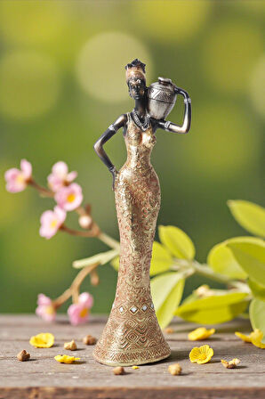 Lüks İşlemeli Geleneksel Yerel Kıyafetli Afrikalı Kadın Heykeli Dekoratif Biblo Ev Ofis Hediyesi Md1