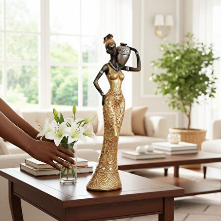 Lüks İşlemeli Geleneksel Yerel Kıyafetli Afrikalı Kadın Heykeli Dekoratif Biblo Ev Ofis Hediyesi Md1