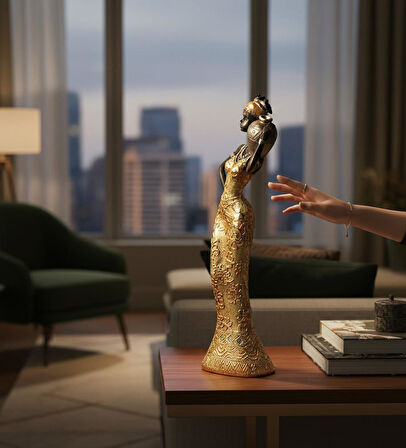 Lüks İşlemeli Geleneksel Yerel Kıyafetli Afrikalı Kadın Heykeli Dekoratif Biblo Ev Ofis Hediyesi Md1