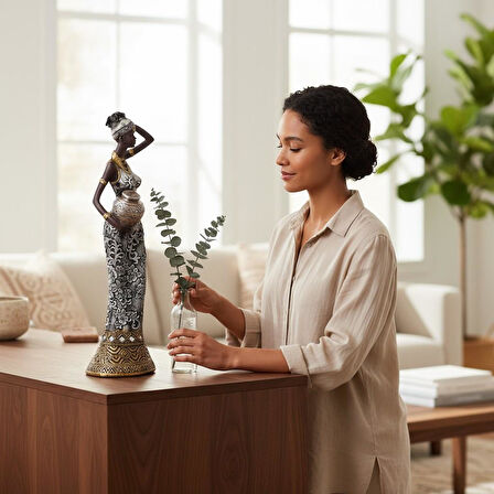 Lüks İşlemeli Geleneksel Yerel Kıyafetli Afrikalı Kadın Heykeli Dekoratif Biblo Ev Ofis Hediyesi Md3