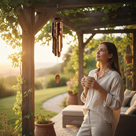 Çiçek Desenli Otantik Coconut Kapaklı El Yapımı Doğal Bambu Rüzgar Çanı 50cm Balkon Dekoru Hediyelik