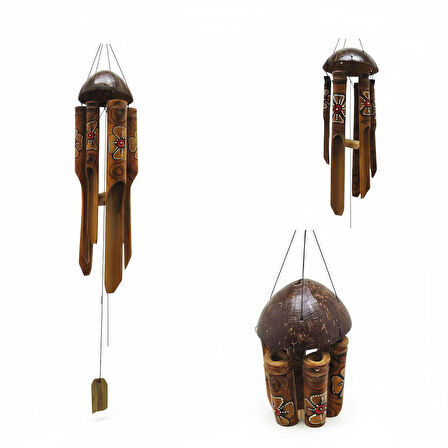 Çiçek Desenli Otantik Coconut Kapaklı El Yapımı Doğal Bambu Rüzgar Çanı 50cm Balkon Dekoru Hediyelik