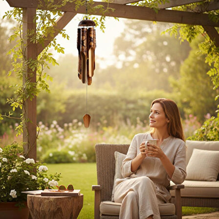Çiçek Desenli Otantik Coconut Kapaklı El Yapımı Doğal Bambu Rüzgar Çanı 30cm Balkon Dekoru Hediyelik