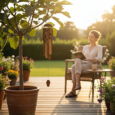 Çiçek Desenli Otantik Coconut Kapaklı El Yapımı Doğal Bambu Rüzgar Çanı 30cm Balkon Dekoru Hediyelik