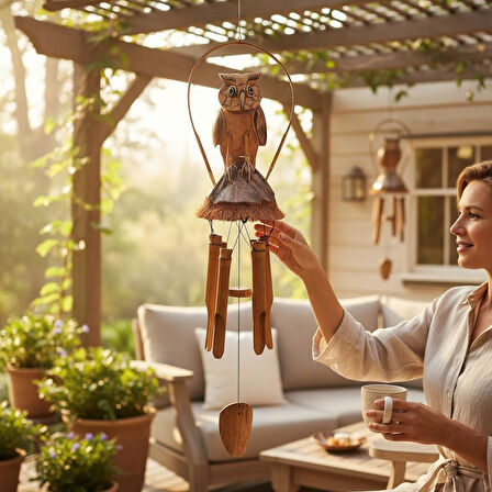 El Yapımı Doğal Ahşap & Coconut Baykuş Tasarımlı Rüzgar Çanı 90cm Balkon Bahçe Dekoru Hediyelik Ürün