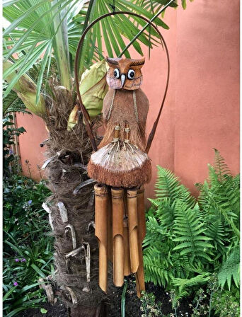 El Yapımı Doğal Ahşap & Coconut Baykuş Tasarımlı Rüzgar Çanı 90cm Balkon Bahçe Dekoru Hediyelik Ürün