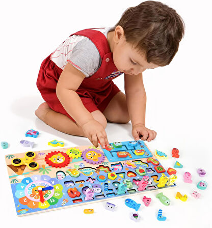 Montessori 5’i 1 Arada Ahşap Öğretici Eğitici Oyuncak Seti Balık Tutma Şekiller Sayılar Halkalar