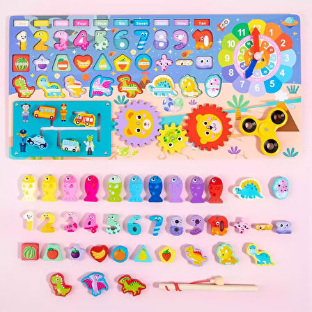 Montessori 5’i 1 Arada Ahşap Öğretici Eğitici Oyuncak Seti Balık Tutma Şekiller Sayılar Halkalar