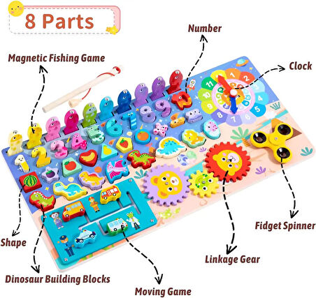 Montessori 5’i 1 Arada Ahşap Öğretici Eğitici Oyuncak Seti Balık Tutma Şekiller Sayılar Halkalar