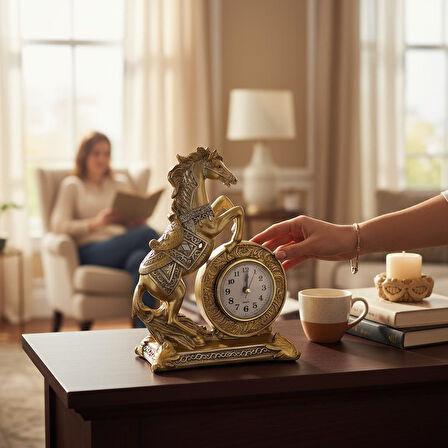 Lüks İşlemeli Saatli At Heykeli Dekoratif Masaüstü Biblo Ev & Ofis Hediyesi 16 cm. Yeni Yıl Hediyesi