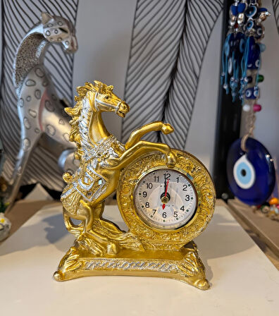 Lüks İşlemeli Saatli At Heykeli Dekoratif Masaüstü Biblo Ev & Ofis Hediyesi 16 cm. Yeni Yıl Hediyesi