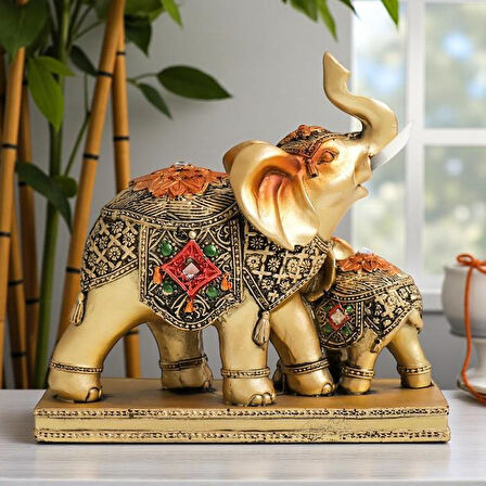 Lüks İşlemeli Anne Yavru Fil Heykeli Feng Shui Şans Getiren Dekoratif Masaüstü Biblo 15 cm.