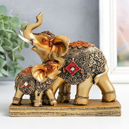 Lüks İşlemeli Anne Yavru Fil Heykeli Feng Shui Şans Getiren Dekoratif Masaüstü Biblo 15 cm.
