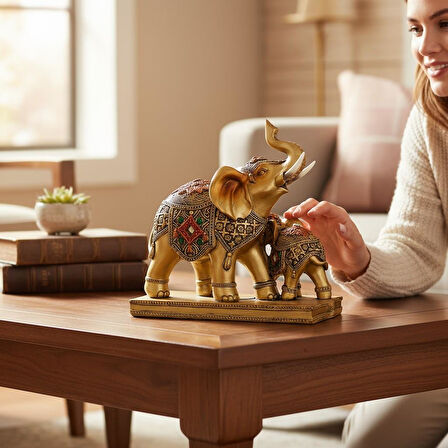 Lüks İşlemeli Anne Yavru Fil Heykeli Feng Shui Şans Getiren Dekoratif Masaüstü Biblo 15 cm.