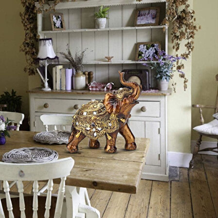 Lüks Ayna ve Nakış İşlemeli Feng Shui Şans Getiren Fil Heykeli Dekoratif Biblo 17cm Yeni Ev Hediyesi